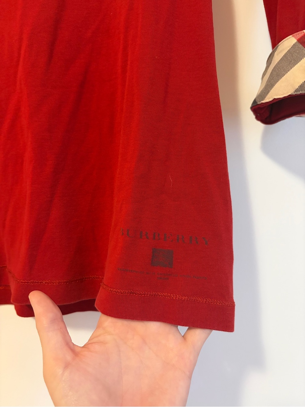 Burberry Brit Red Scoop Neck Top Plaid Cuffs Size M - Picture 4 of 6